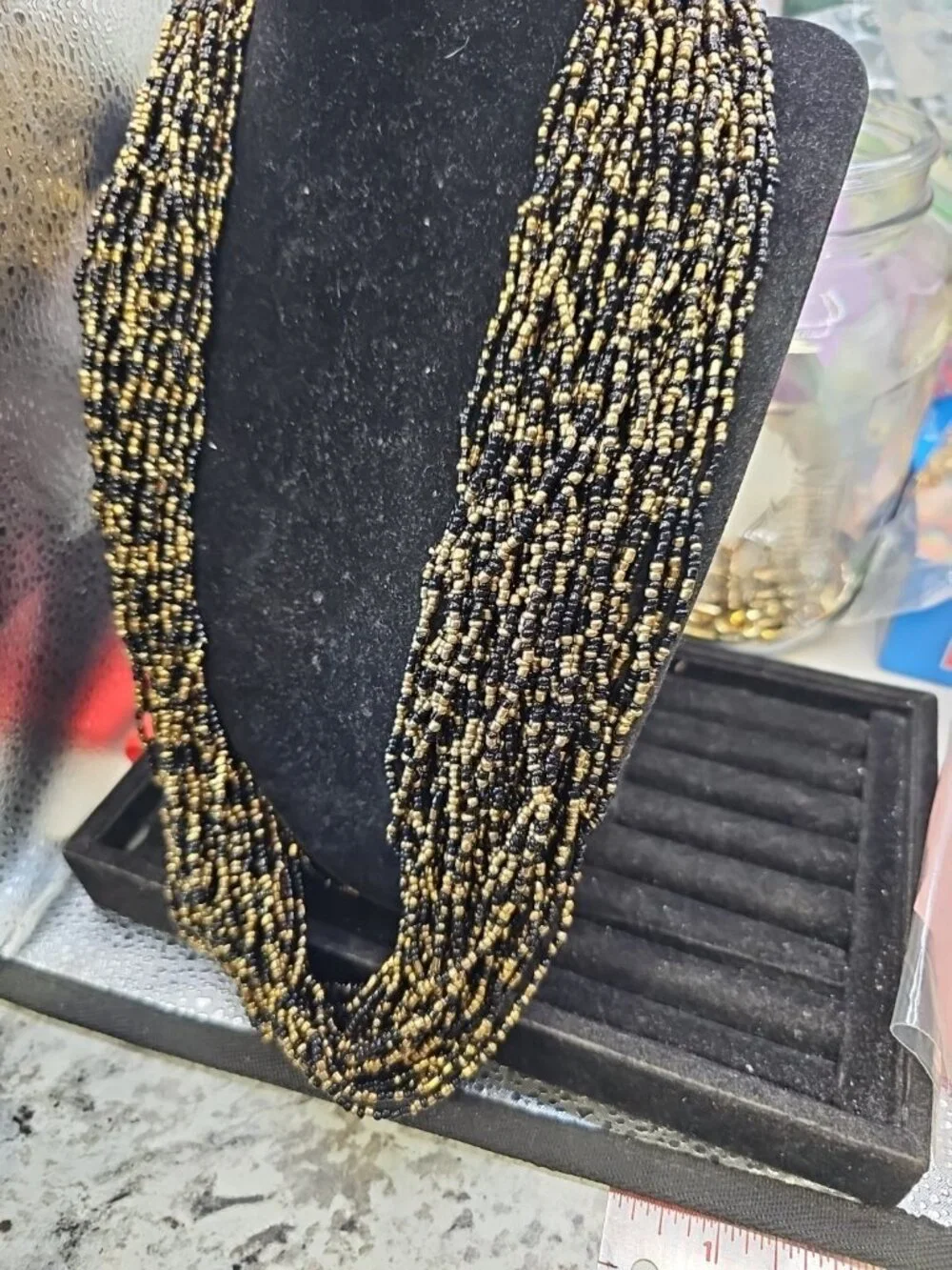 Multi strand necklace women black /gold Glass Seed Beads Loop & ball Closure...